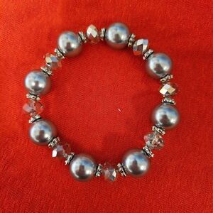 Large Dark Silver Pearls and Crystal Beads Stretch Bracelet
